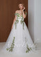 Fairy Off-Shoulder Tulle A-Line Wedding Dress with Green Ivy Leaf Embroidery and Corset Back
