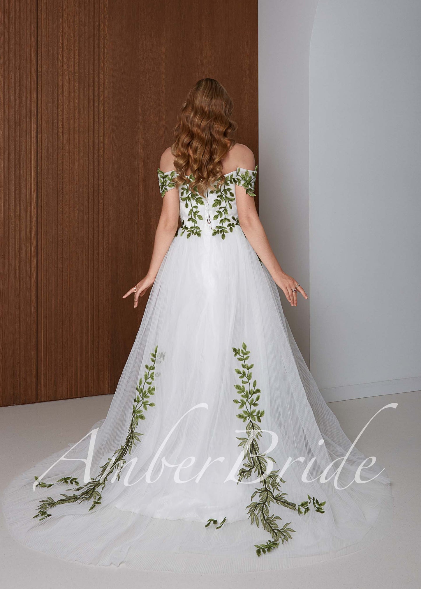 Fairy Off-Shoulder Tulle A-Line Wedding Dress with Green Ivy Leaf Embroidery and Corset Back