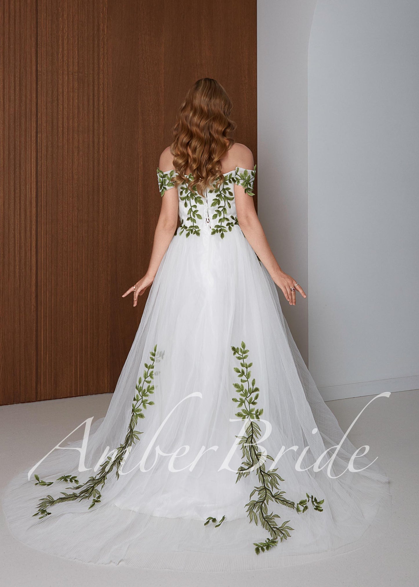 Fairy Off-Shoulder Tulle A-Line Wedding Dress with Green Ivy Leaf Embroidery and Corset Back