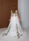 Fairy Off-Shoulder Tulle A-Line Wedding Dress with Green Ivy Leaf Embroidery and Corset Back