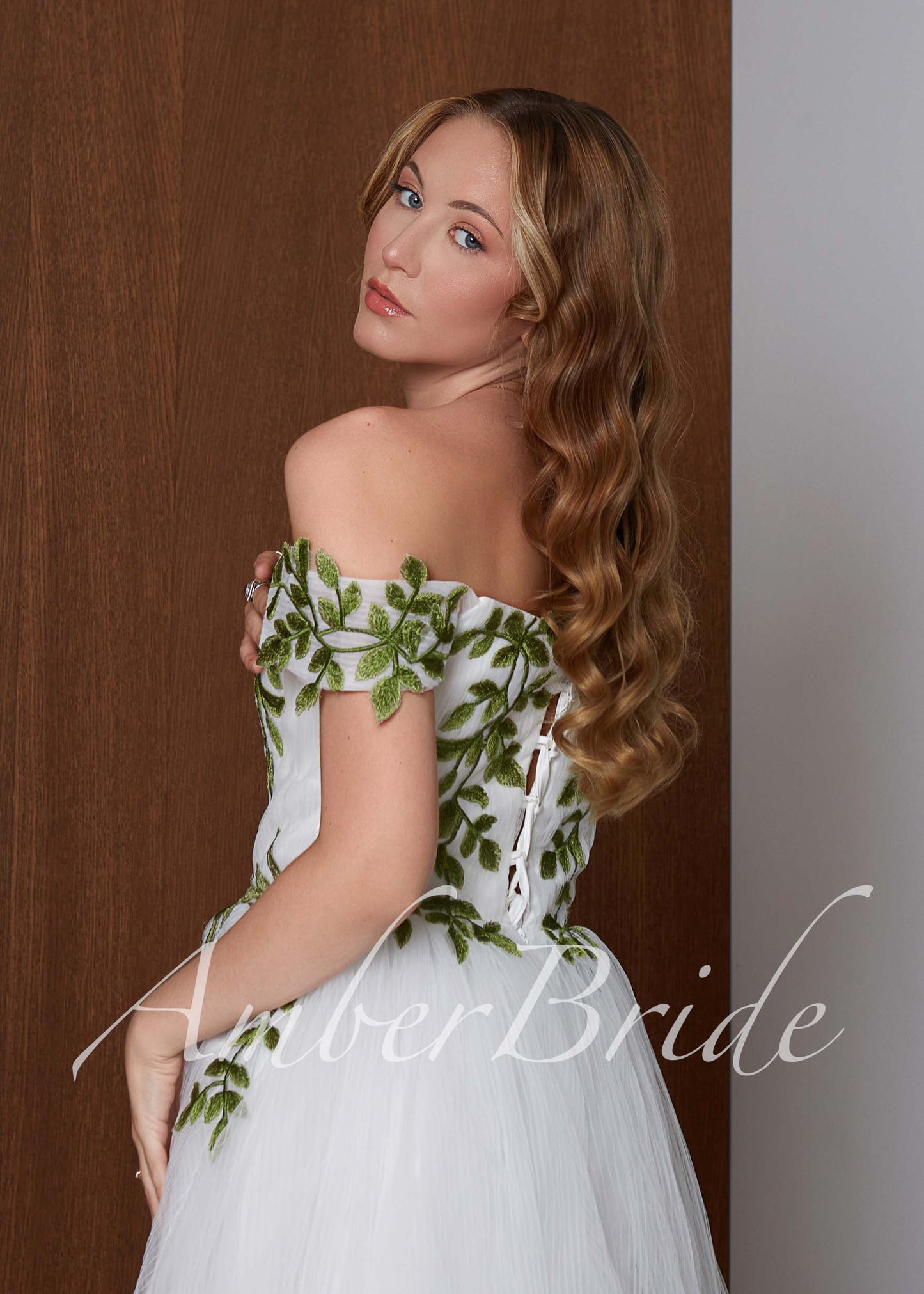 Fairy Off-Shoulder Tulle A-Line Wedding Dress with Green Ivy Leaf Embroidery and Corset Back