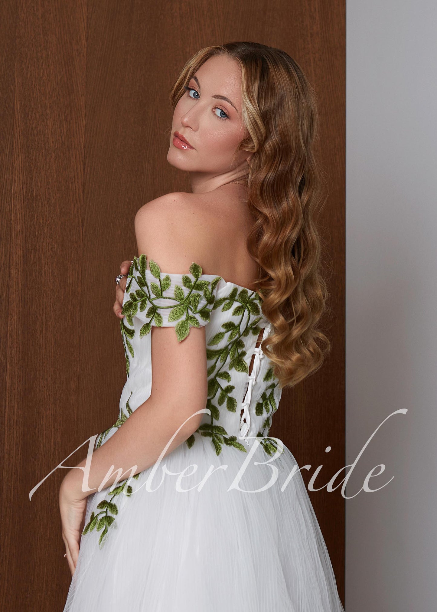 Fairy Off-Shoulder Tulle A-Line Wedding Dress with Green Ivy Leaf Embroidery and Corset Back