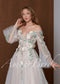 Fairy Off Shoulder Wedding Dress with Long Bell Sleeves and Colorful Floral Appliqué