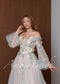 Fairy Off Shoulder Wedding Dress with Long Bell Sleeves and Colorful Floral Appliqué