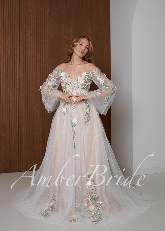 Fairy Off Shoulder Wedding Dress with Long Bell Sleeves and Colorful Floral Appliqué