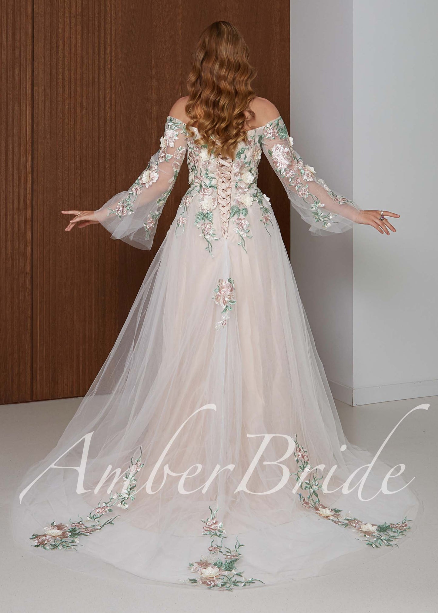 Fairy Off Shoulder Wedding Dress with Long Bell Sleeves and Colorful Floral Appliqué