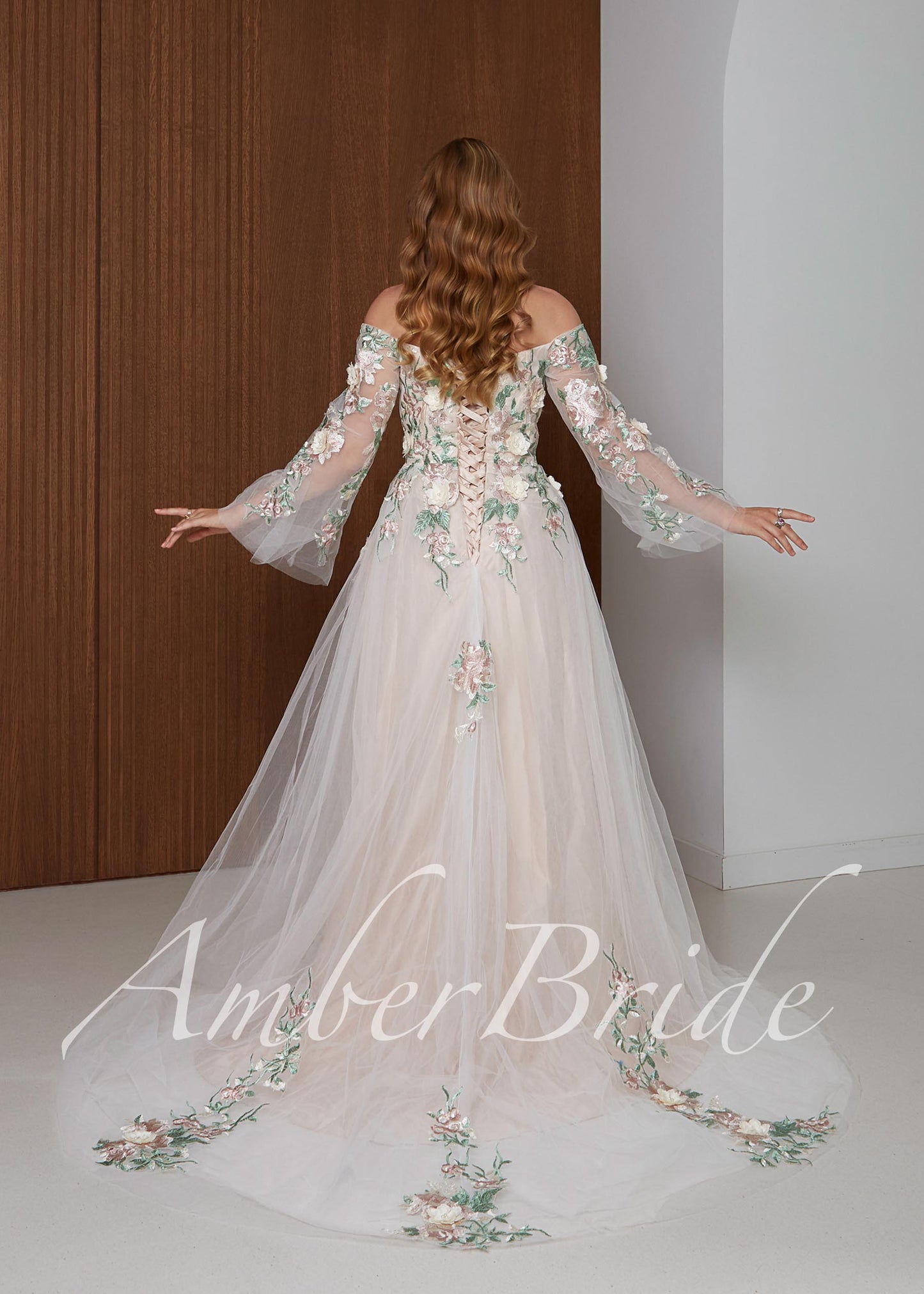 Fairy Off Shoulder Wedding Dress with Long Bell Sleeves and Colorful Floral Appliqué
