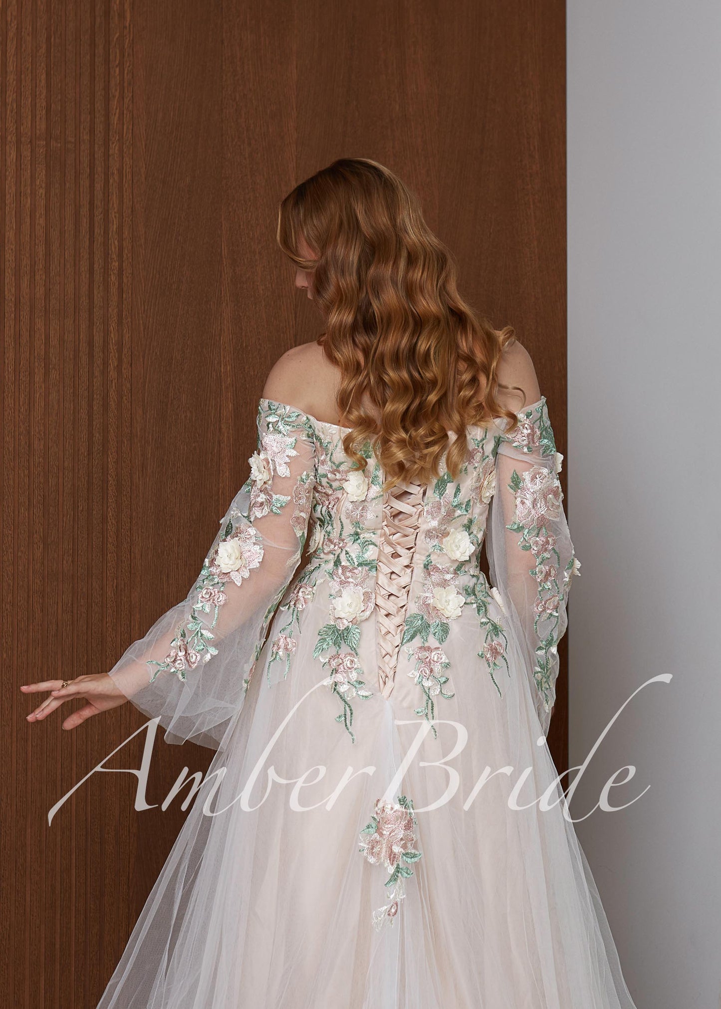 Fairy Off Shoulder Wedding Dress with Long Bell Sleeves and Colorful Floral Appliqué