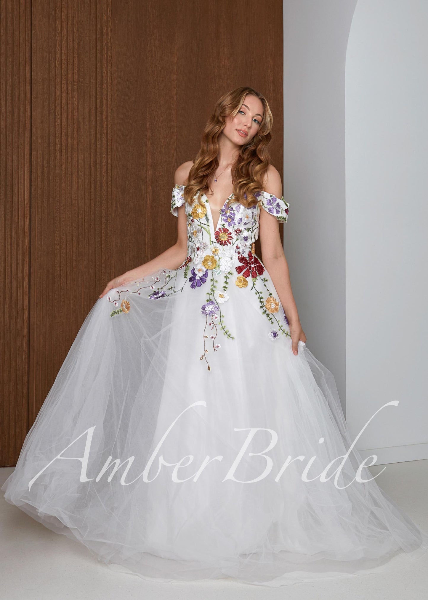 Off-Shoulder Colorful Floral A-Line Wedding Dress with 3D Wildflower Embroidery
