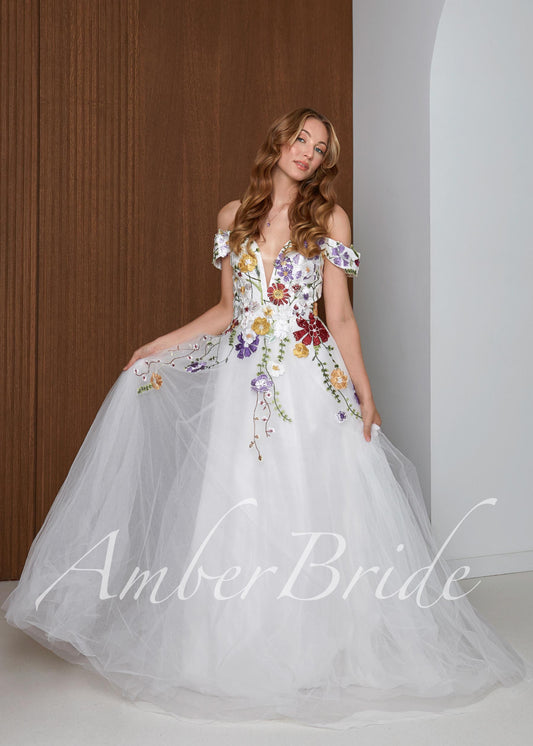 Off-Shoulder Colorful Floral A-Line Wedding Dress with 3D Wildflower Embroidery