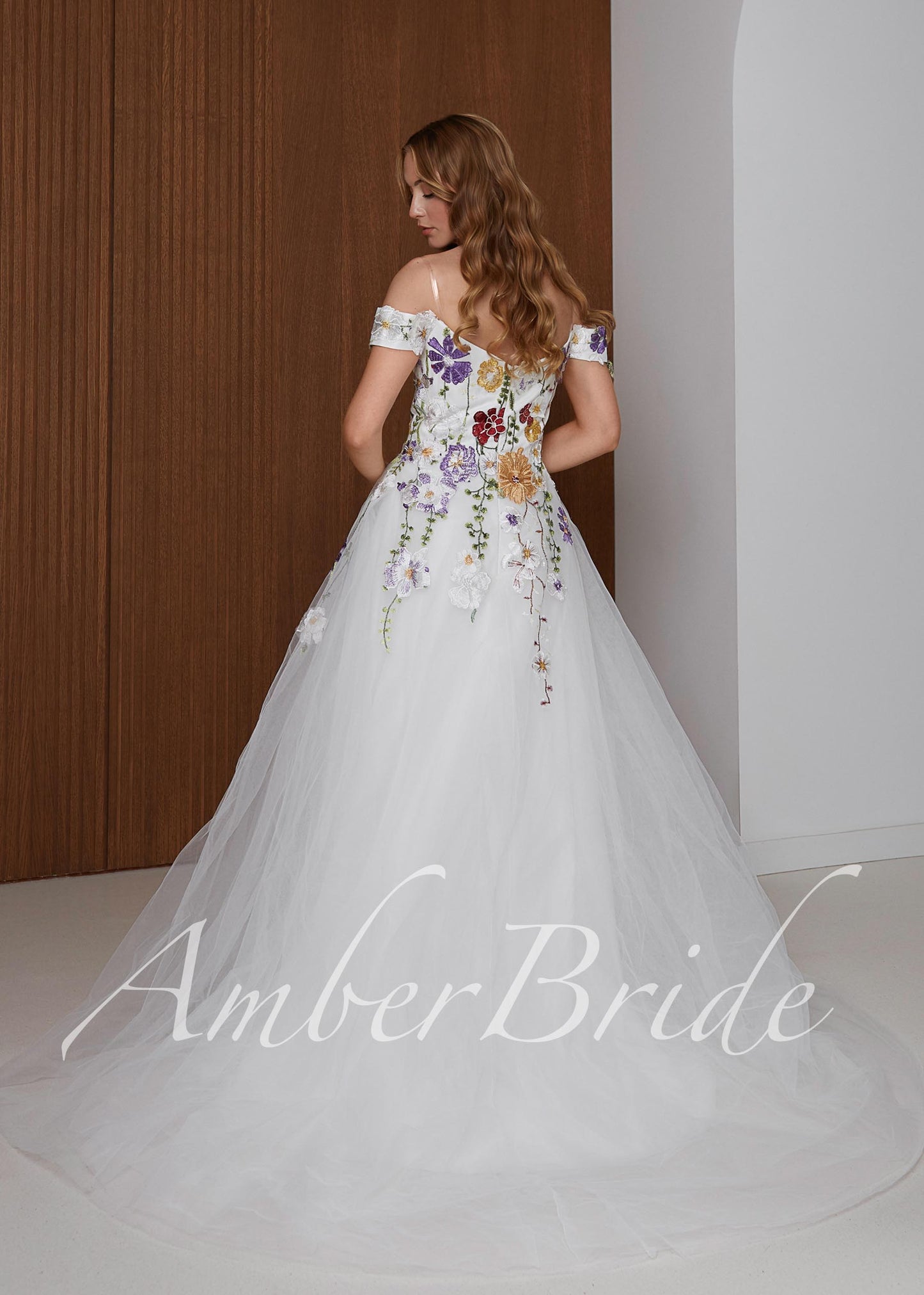 Off-Shoulder Colorful Floral A-Line Wedding Dress with 3D Wildflower Embroidery