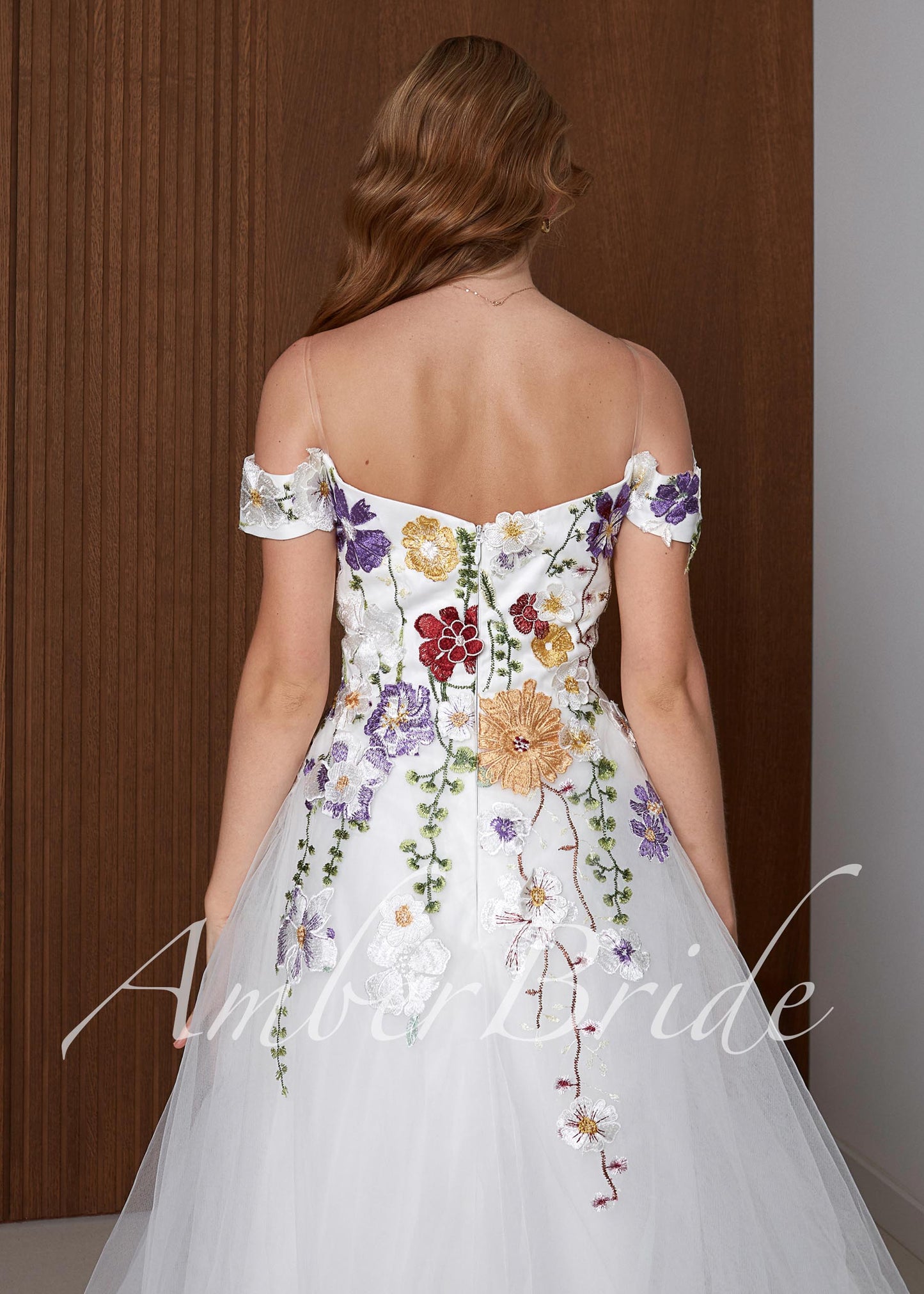 Off-Shoulder Colorful Floral A-Line Wedding Dress with 3D Wildflower Embroidery