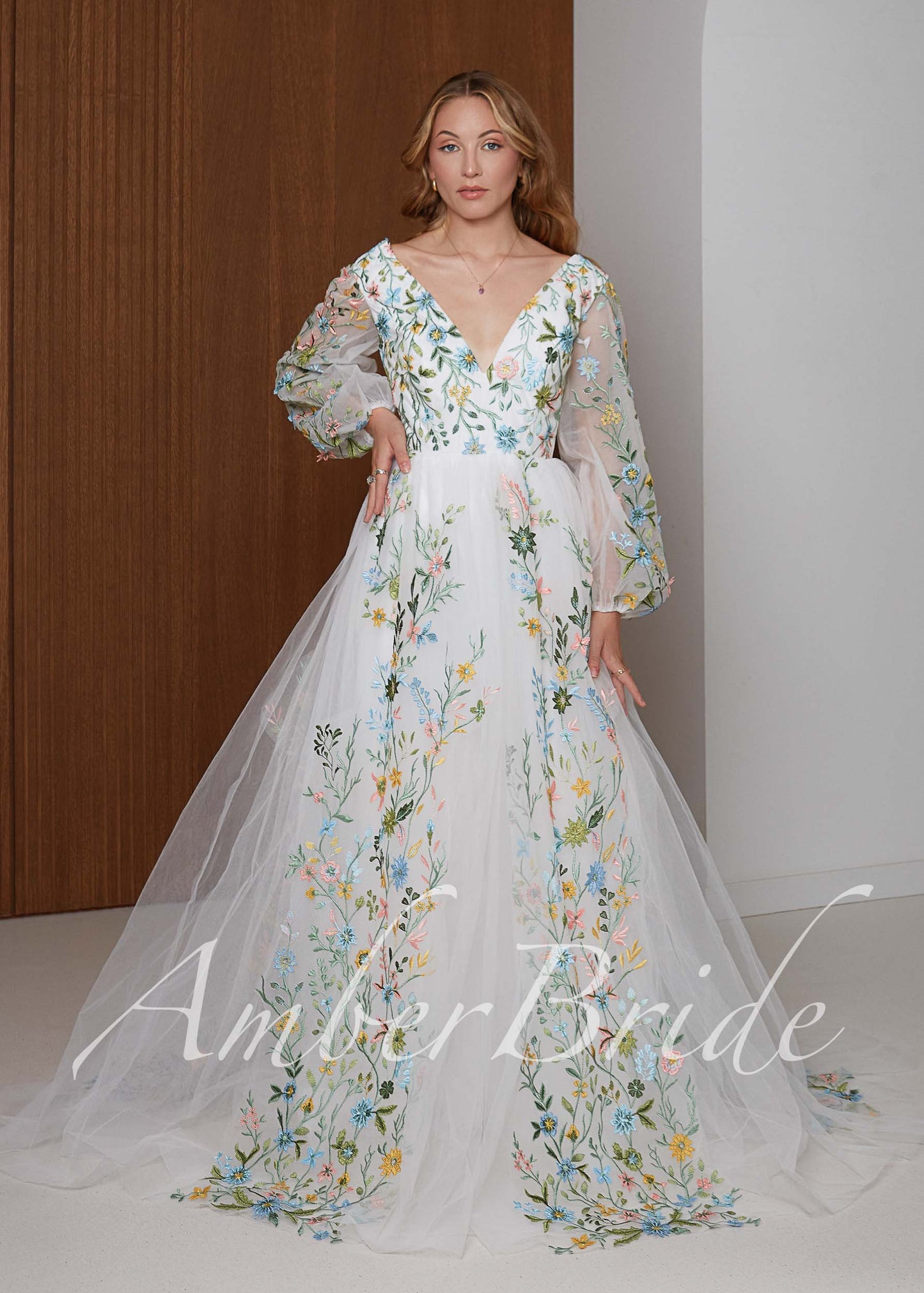 Fairy Tulle A-Line Wedding Dress with Pastel Wildflower Embroidery and Long Bishop Sleeves
