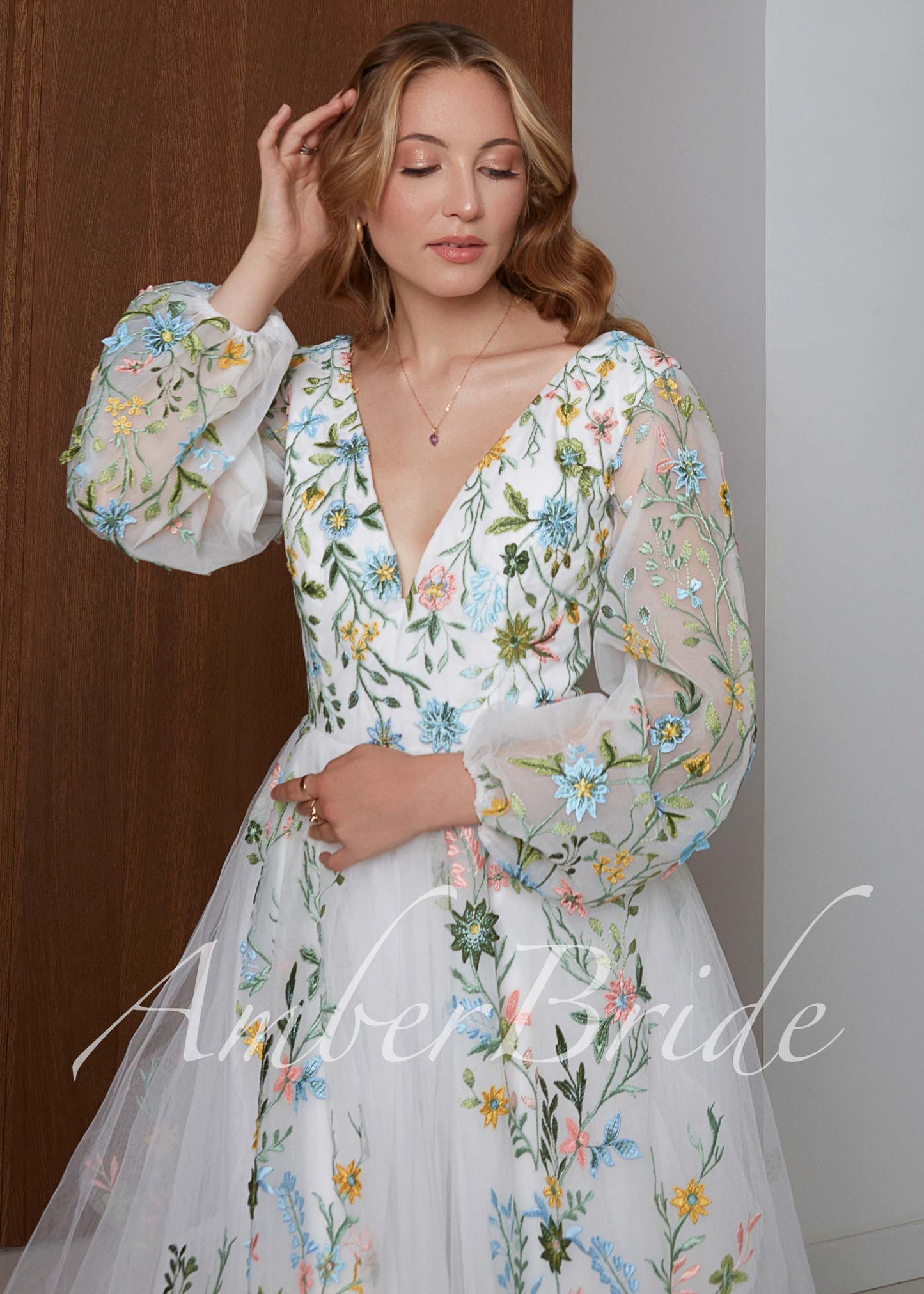 Fairy Tulle A-Line Wedding Dress with Pastel Wildflower Embroidery and Long Bishop Sleeves