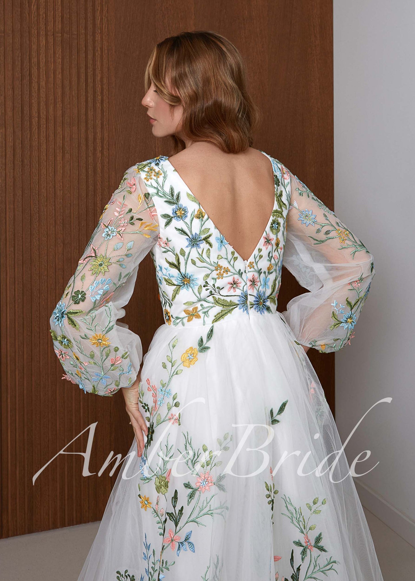 Fairy Tulle A-Line Wedding Dress with Pastel Wildflower Embroidery and Long Bishop Sleeves