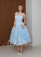 Blue Floral Midi Wedding Dress with 3D Flower Appliqué and Corset Bodice