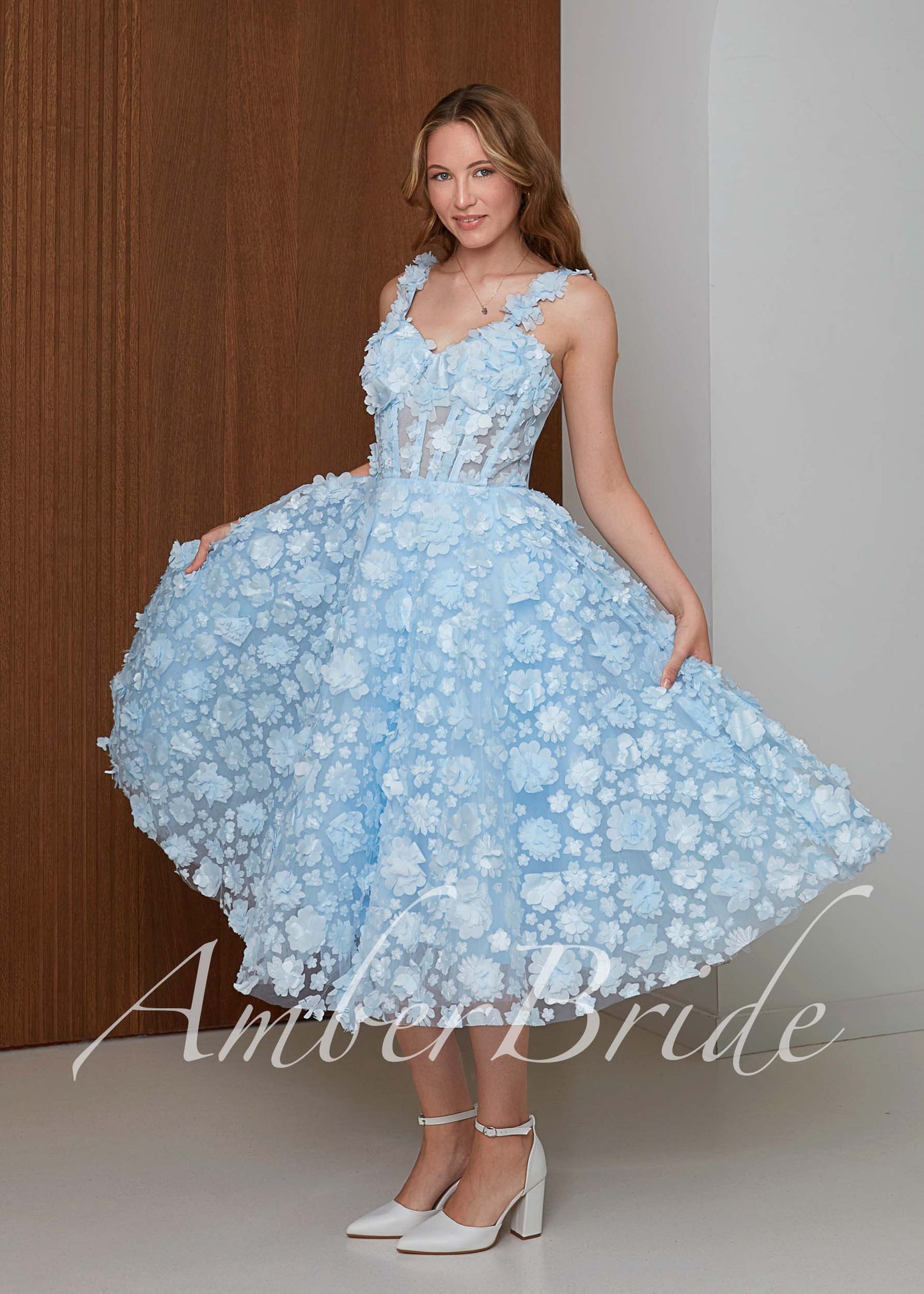 Blue Floral Midi Wedding Dress with 3D Flower Appliqué and Corset Bodice
