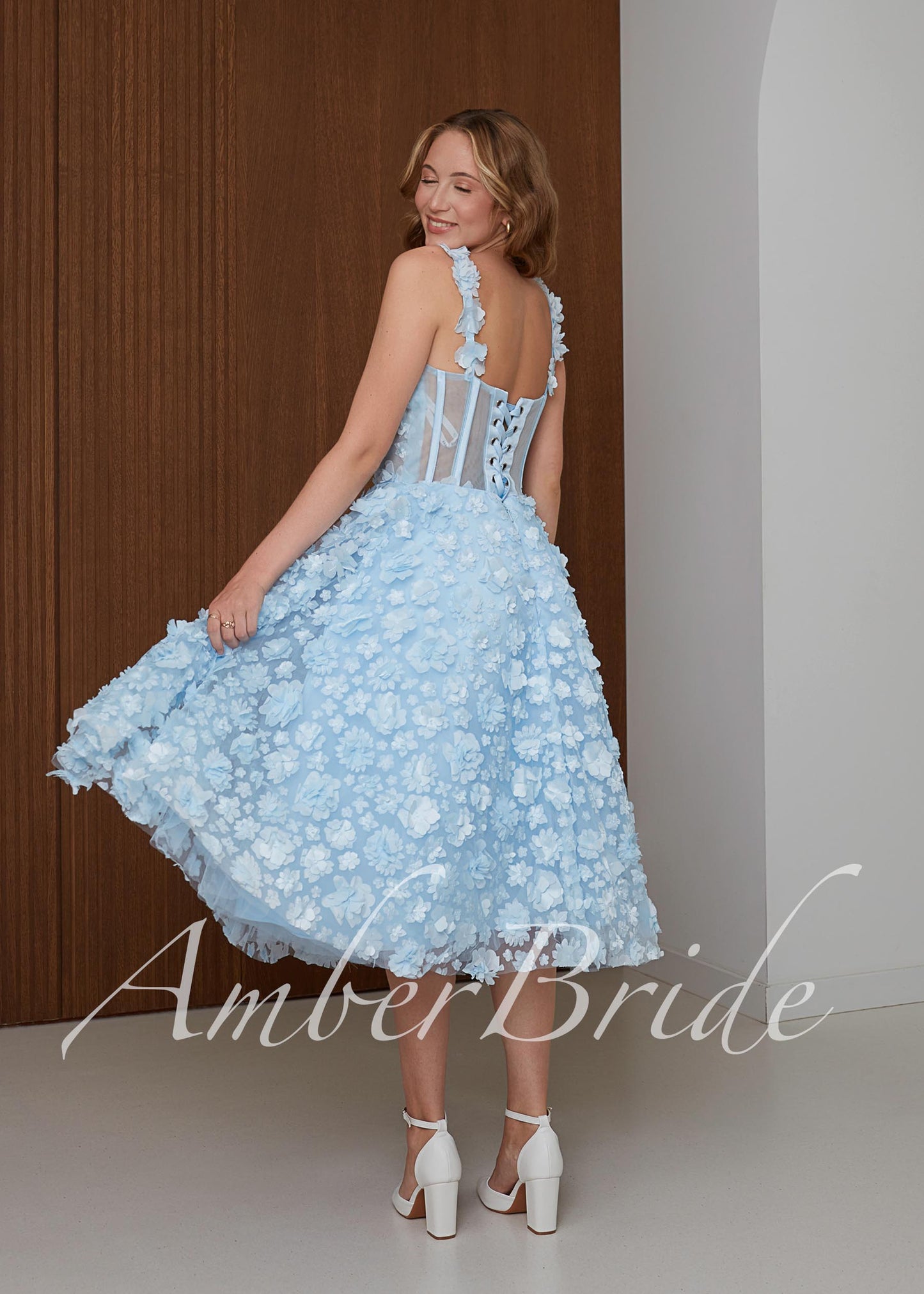 Blue Floral Midi Wedding Dress with 3D Flower Appliqué and Corset Bodice