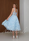 Blue Floral Midi Wedding Dress with 3D Flower Appliqué and Corset Bodice