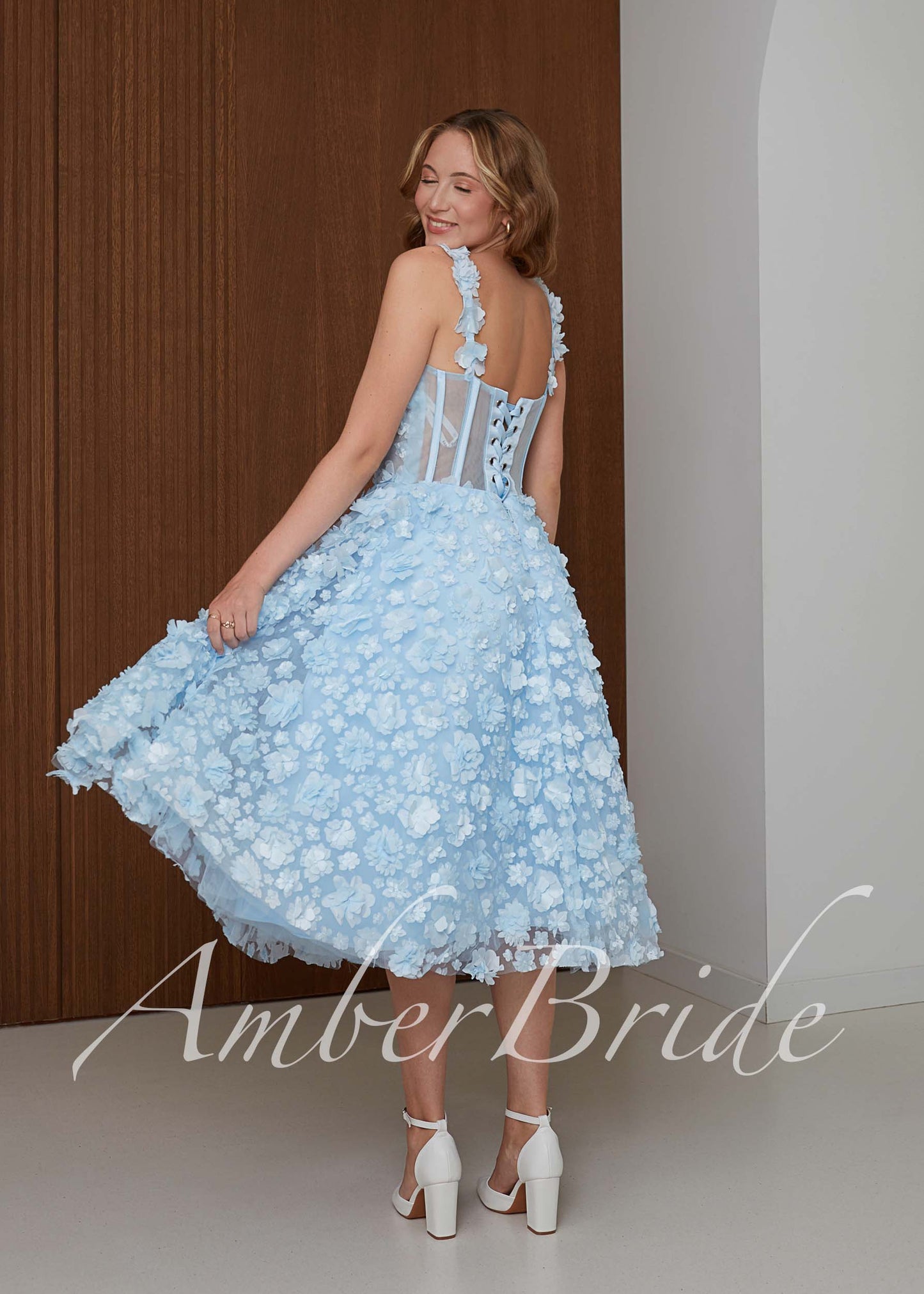 Blue Floral Midi Wedding Dress with 3D Flower Appliqué and Corset Bodice