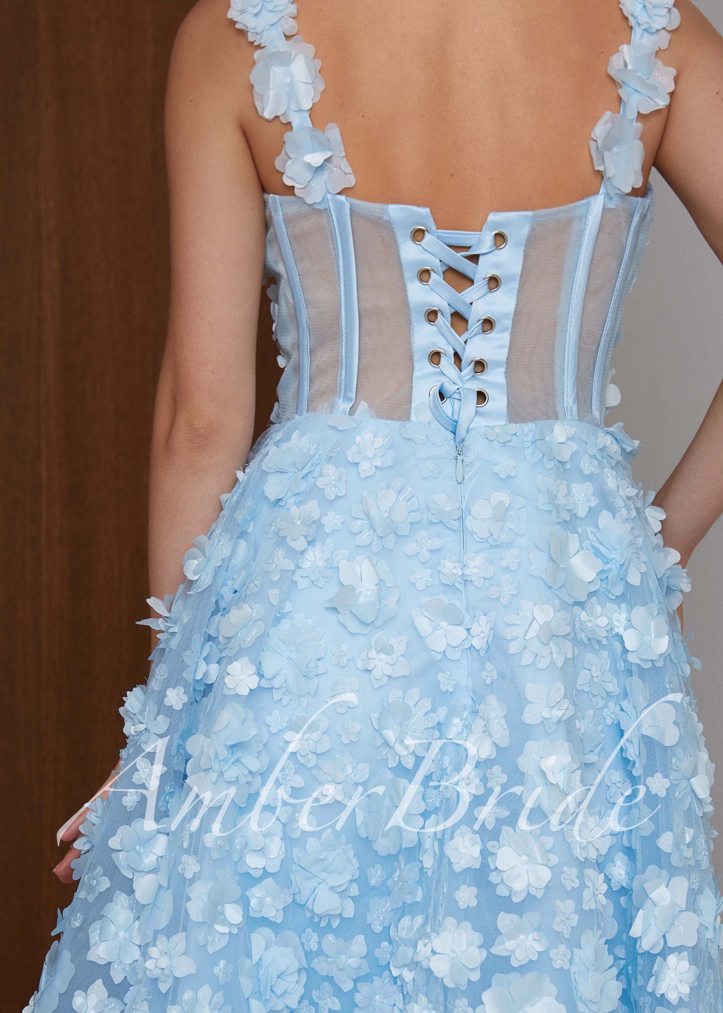 Blue Floral Midi Wedding Dress with 3D Flower Appliqué and Corset Bodice