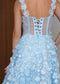 Blue Floral Midi Wedding Dress with 3D Flower Appliqué and Corset Bodice