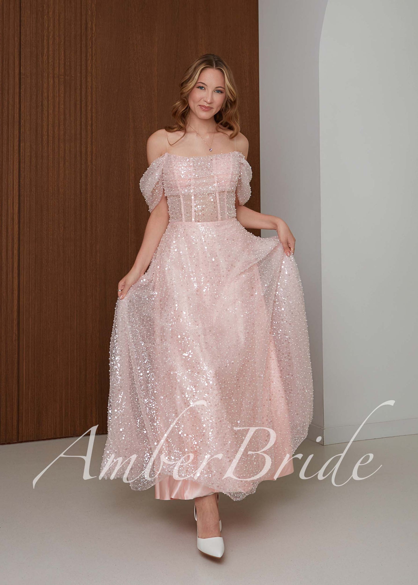 Blush Pink Sparkle Wedding Dress with Off Shoulder Sleeves and Corset Back