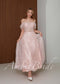 Blush Pink Sparkle Wedding Dress with Off Shoulder Sleeves and Corset Back