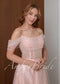 Blush Pink Sparkle Wedding Dress with Off Shoulder Sleeves and Corset Back