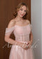Blush Pink Sparkle Wedding Dress with Off Shoulder Sleeves and Corset Back