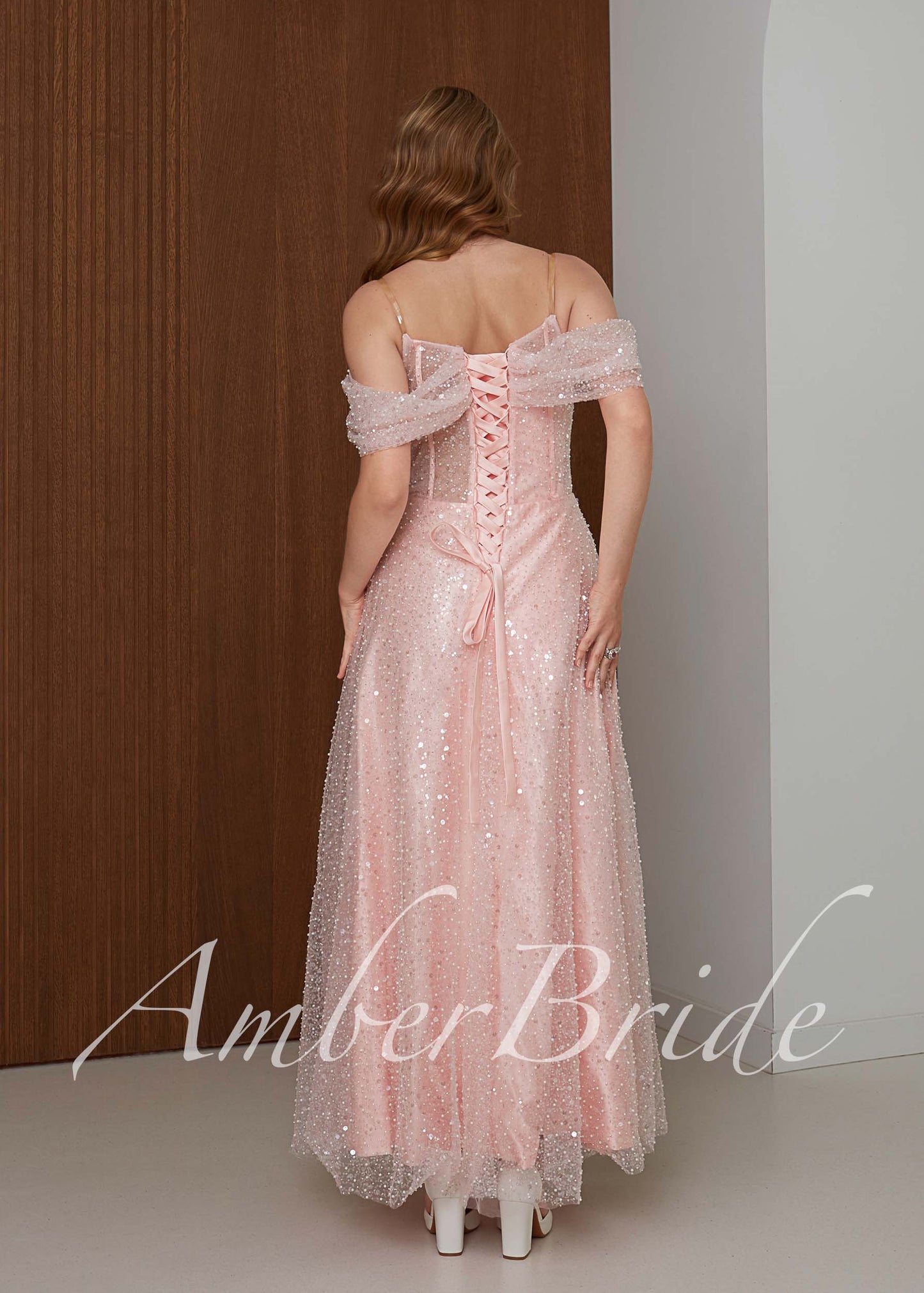 Blush Pink Sparkle Wedding Dress with Off Shoulder Sleeves and Corset Back