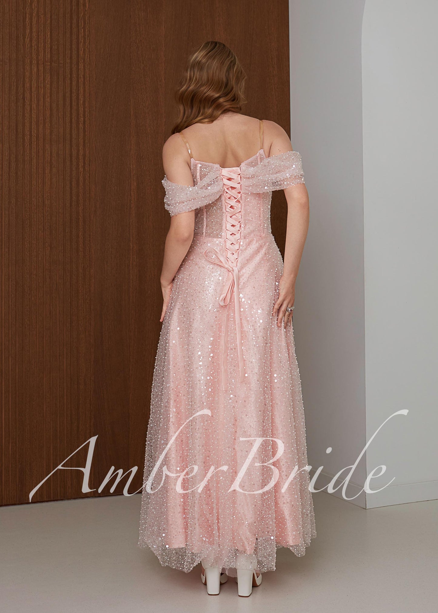 Blush Pink Sparkle Wedding Dress with Off Shoulder Sleeves and Corset Back
