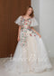 Colorful Floral Wedding Dress with Flutter Sleeves, A-Line Tulle Boho Embroidered