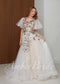 Colorful Floral Wedding Dress with Flutter Sleeves, A-Line Tulle Boho Embroidered