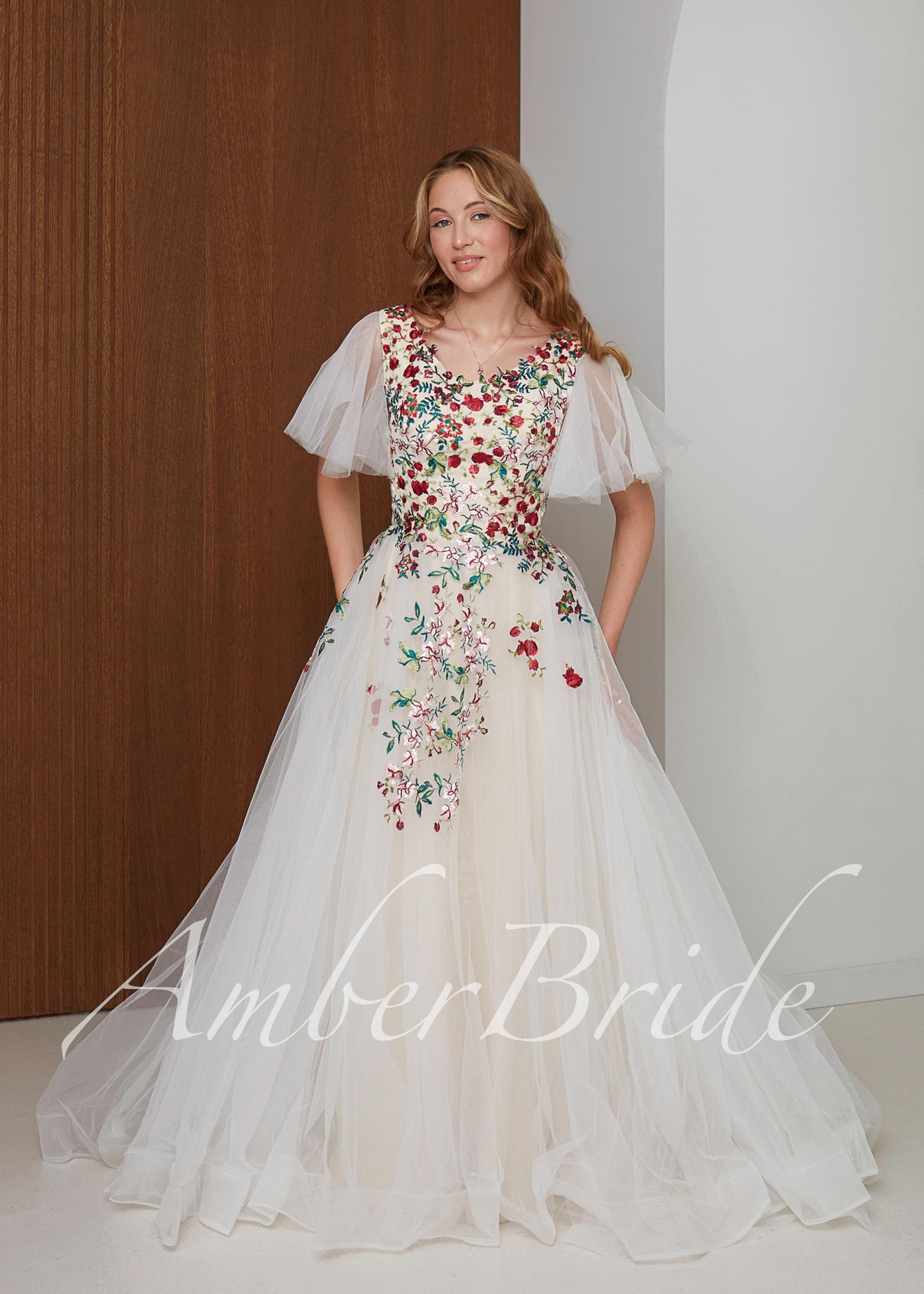 Colorful Floral Wedding Dress with Flutter Sleeves, A-Line Tulle Boho Embroidered