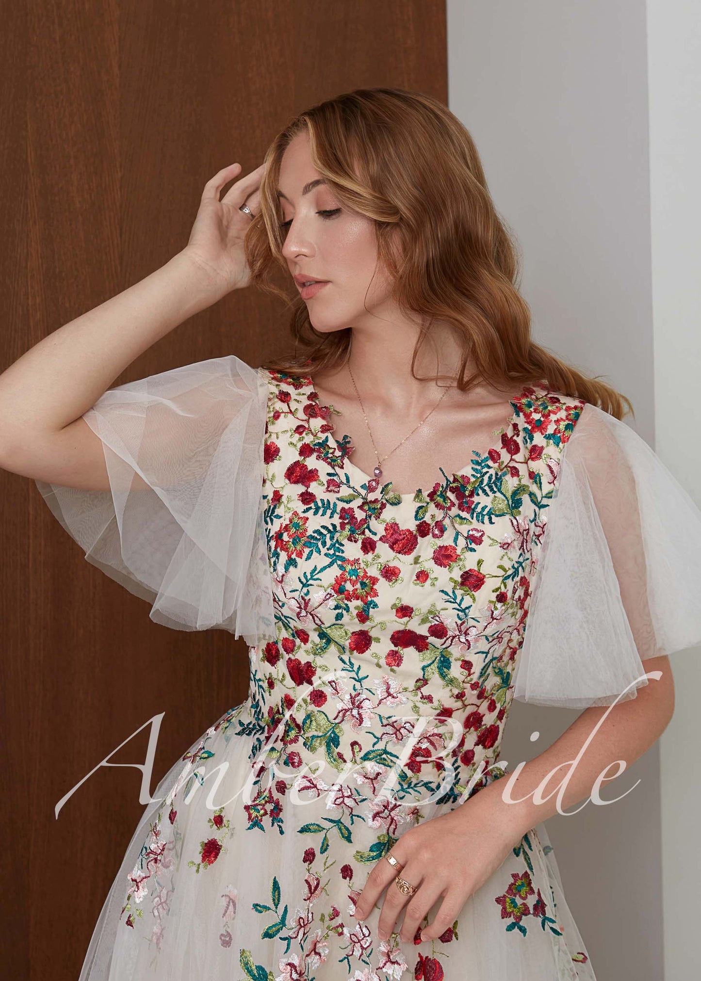 Colorful Floral Wedding Dress with Flutter Sleeves, A-Line Tulle Boho Embroidered
