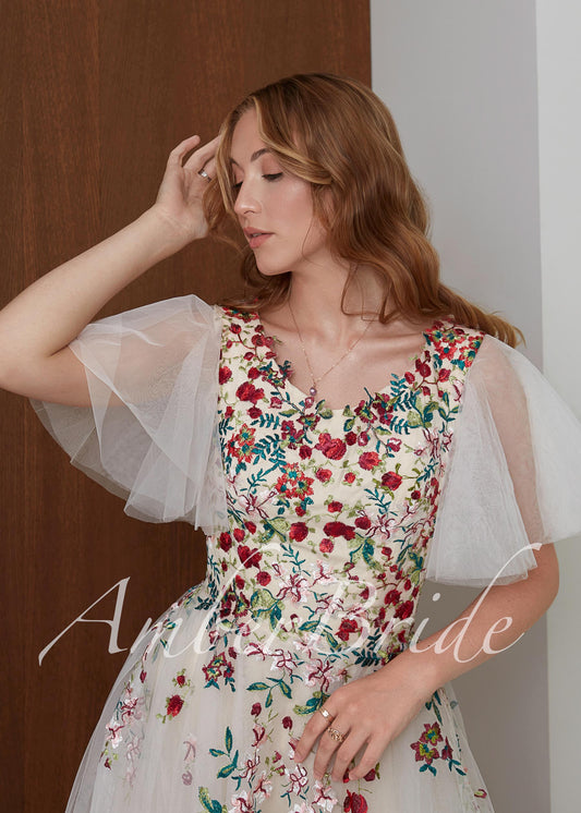Colorful Floral Wedding Dress with Flutter Sleeves, A-Line Tulle Boho Embroidered