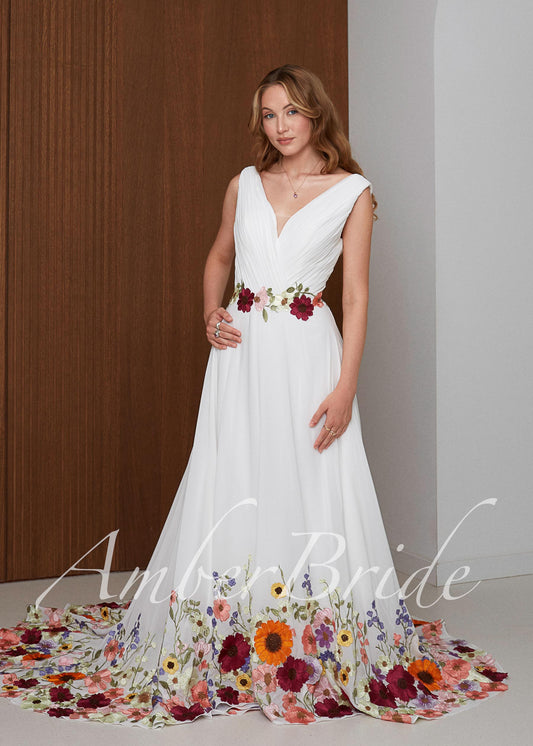 Goddess Chiffon Wedding Dress with Colorful Floral Embroidery and Corset Back
