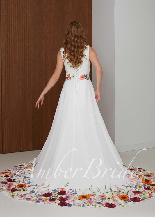 Goddess Chiffon Wedding Dress with Colorful Floral Embroidery and Corset Back