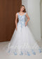 Off-White Tulle A-Line Wedding Dress with Blue Floral Embroidery and Sweetheart Neckline
