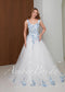 Off-White Tulle A-Line Wedding Dress with Blue Floral Embroidery and Sweetheart Neckline
