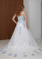 Off-White Tulle A-Line Wedding Dress with Blue Floral Embroidery and Sweetheart Neckline