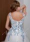 Off-White Tulle A-Line Wedding Dress with Blue Floral Embroidery and Sweetheart Neckline
