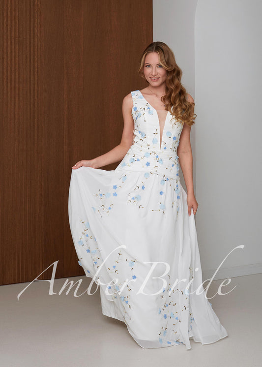 Blue Floral A-Line Wedding Dress with Embroidered Flowers and Open Back