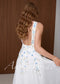 Blue Floral A-Line Wedding Dress with Embroidered Flowers and Open Back