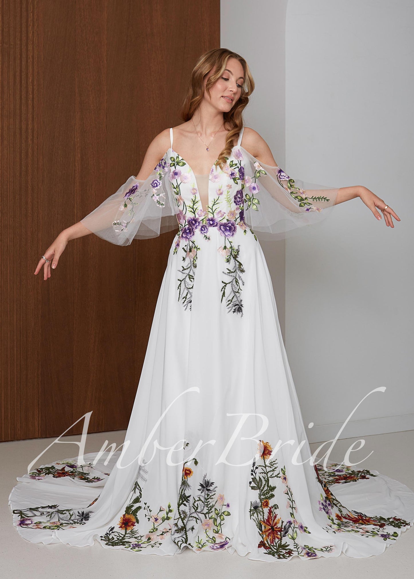 Fairy Off-White Chiffon A-Line Wedding Dress with Colorful Floral Embroidery and Off-Shoulder Straps