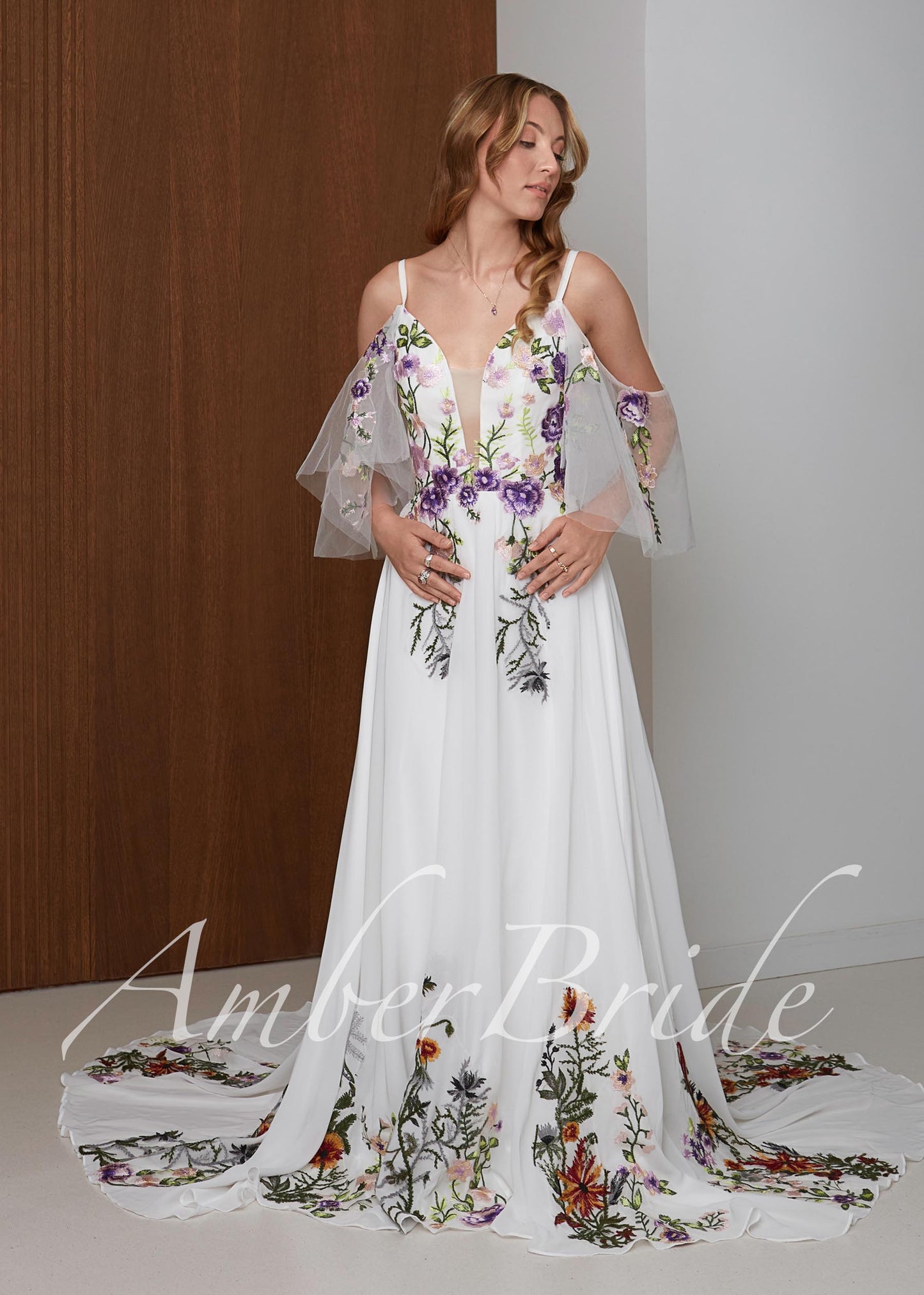 Fairy Off-White Chiffon A-Line Wedding Dress with Colorful Floral Embroidery and Off-Shoulder Straps