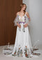 Fairy Off-White Chiffon A-Line Wedding Dress with Colorful Floral Embroidery and Off-Shoulder Straps