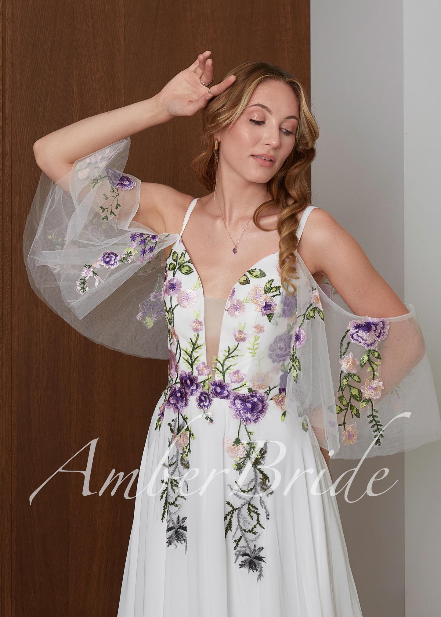 Fairy Off-White Chiffon A-Line Wedding Dress with Colorful Floral Embroidery and Off-Shoulder Straps