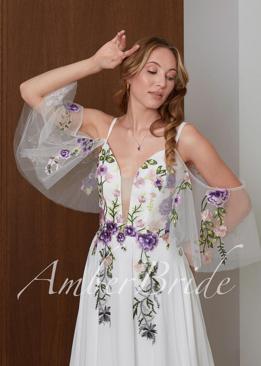 Fairy Off-White Chiffon A-Line Wedding Dress with Colorful Floral Embroidery and Off-Shoulder Straps